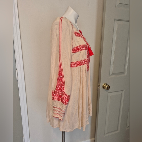 Free People Wind Willow Gauzey Split Neckline Embroidered Tunic Mini Dress(S) - Picture 6 of 10